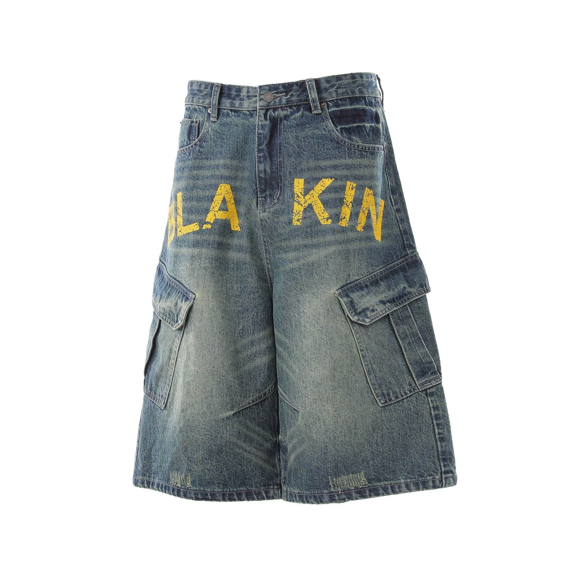 Washed Multi Pocket Letter Print Denim Jort