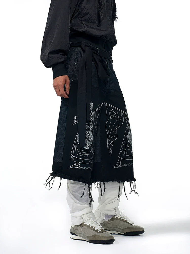 Graffiti Art Embroidery Patchwork Fringe Denim Short