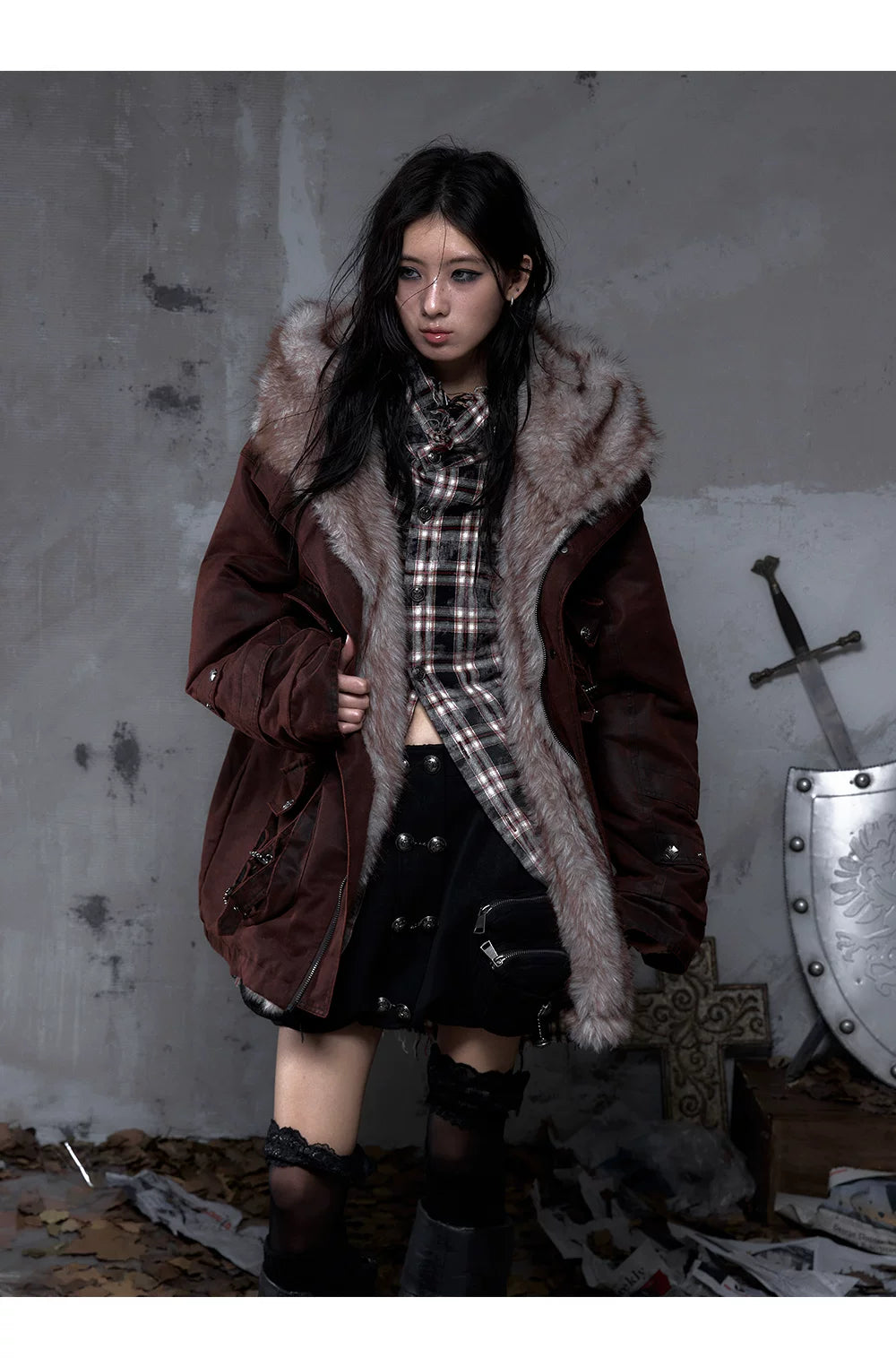 Fake Fur Hooded Multi-Pocket Buckle Detail Jacket