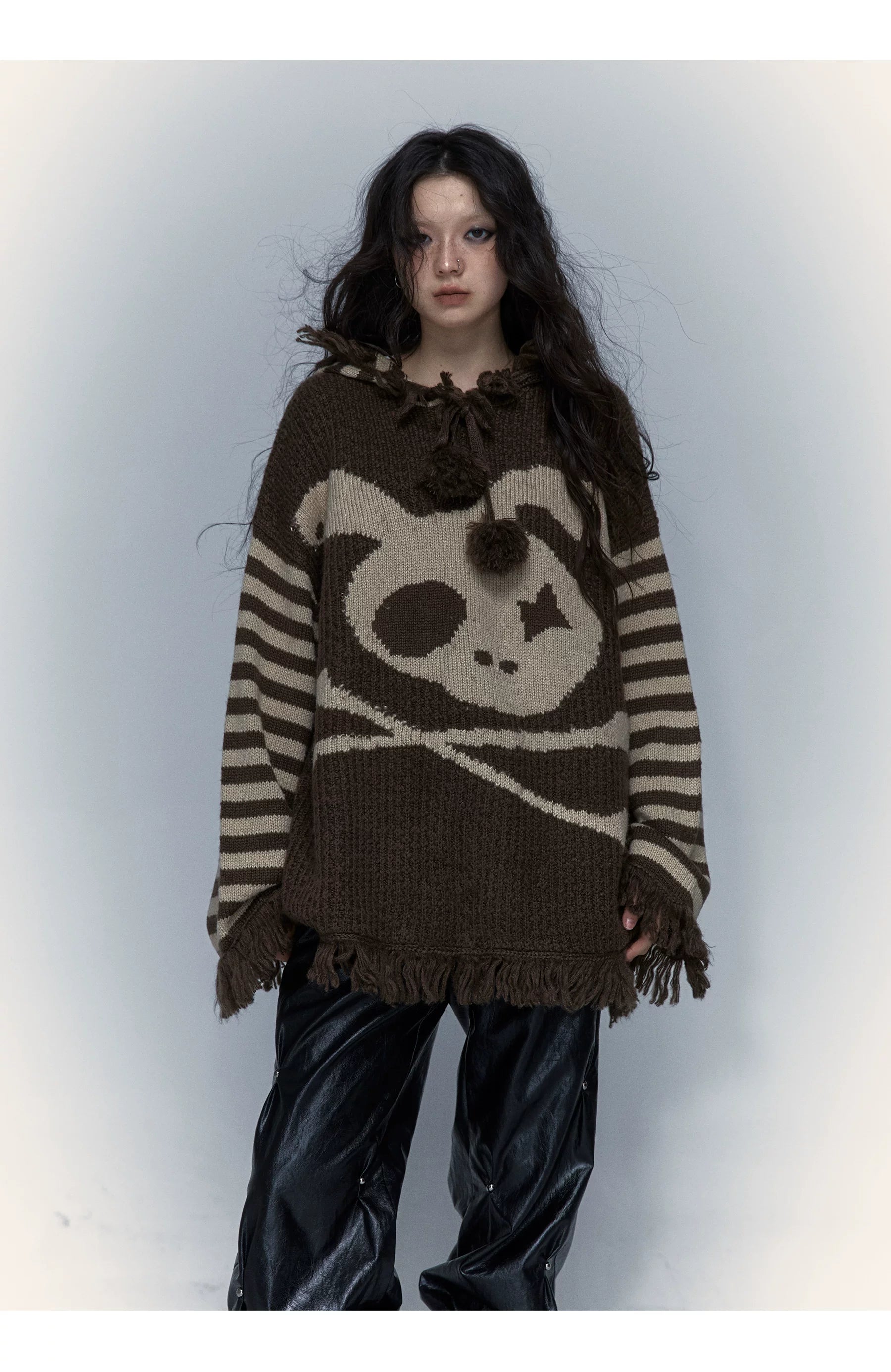 Skull Print Stripe Oversize Knit Hoodie