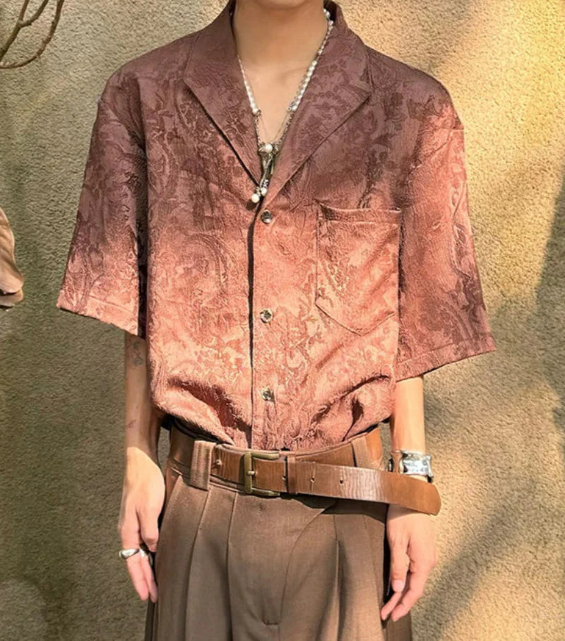 Jacquard Texture Cuban Collar Short Sleeve Shirt