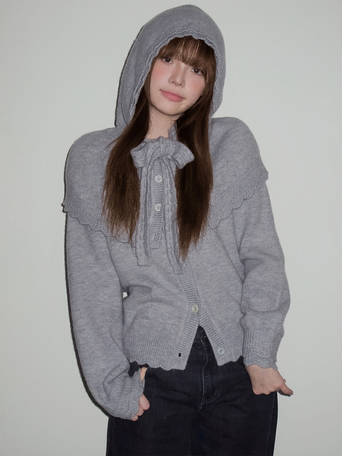 Ruffled Collar And Bow Detail Knit Cardigan