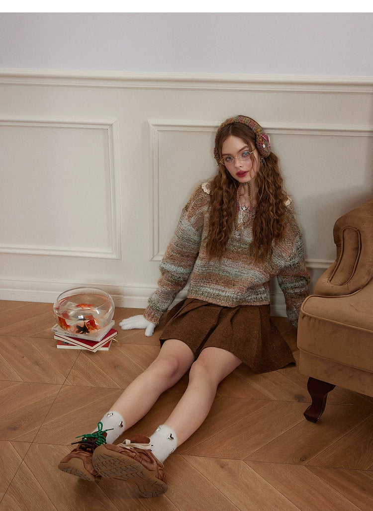 Lace Patchwork Stripe Knit Sweater