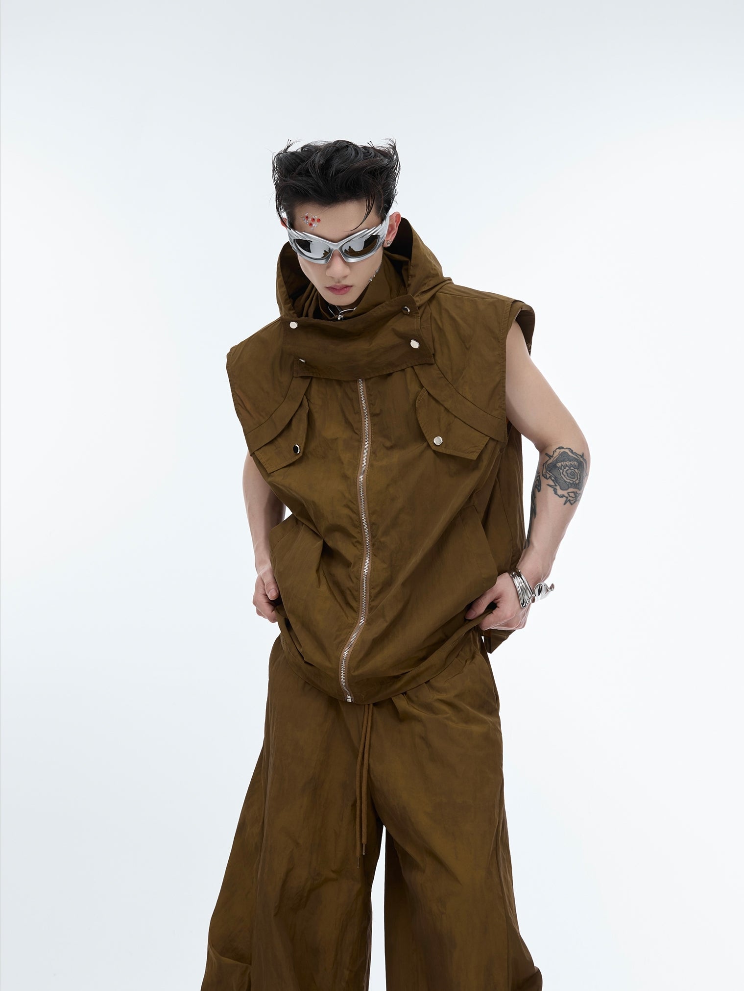 Zipper Hooded Sleeveless Jacket & Workwear Wide-Leg Straight Pants Setup