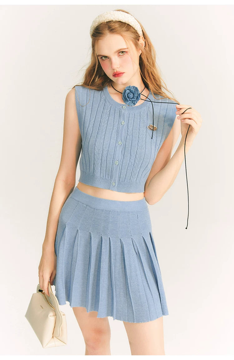 Button Knit Vest & Knit Pleated Skirt Setup