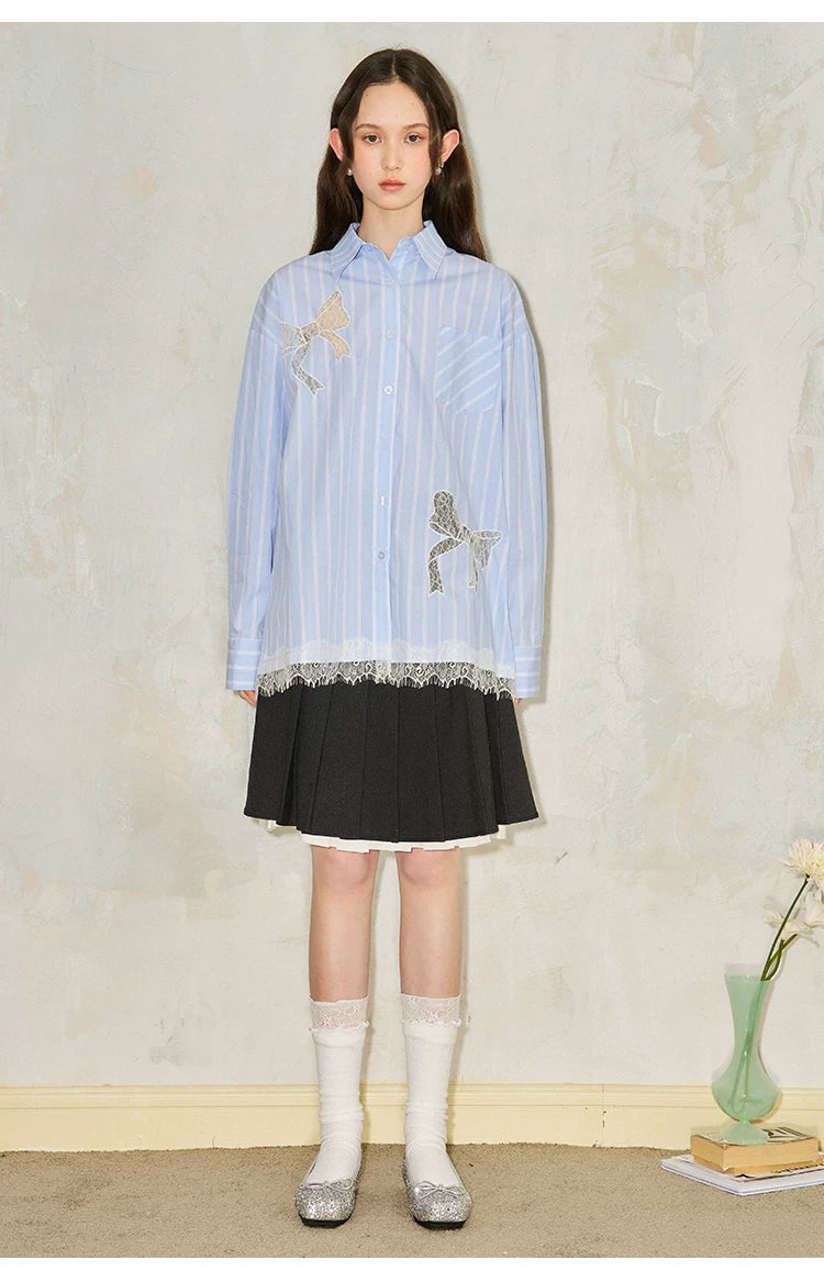 Stripe Lace Hollow Bow Long Sleeve Shirt