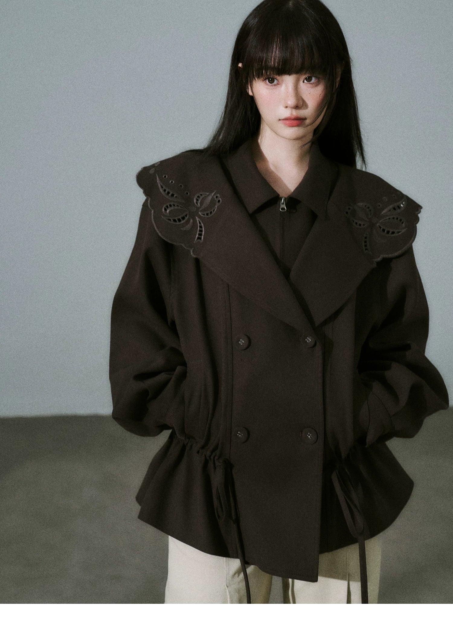 Embroidery Collar Drawstring Waist Double-Breasted Jacket