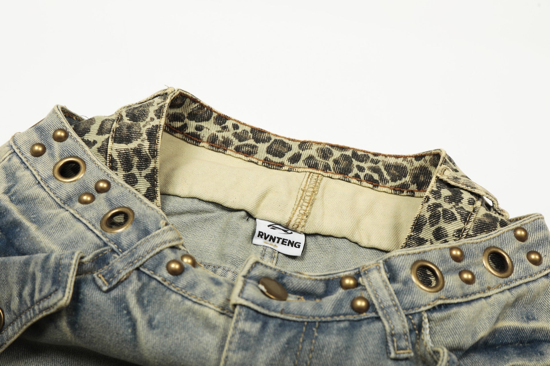 Leopard Waistband Washed Whisker Wide Leg Denim Jeans
