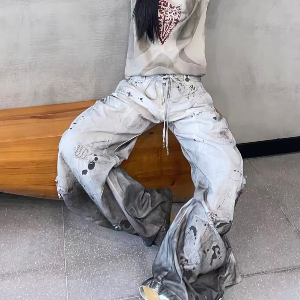 Gradient Washed Damage Double-Waist Wide Leg Pants