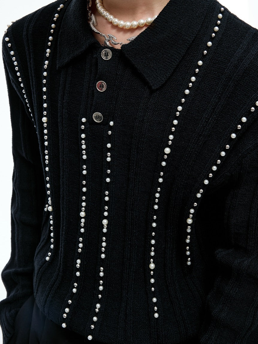 Pearl Beads Detail Knit Polo Shirt