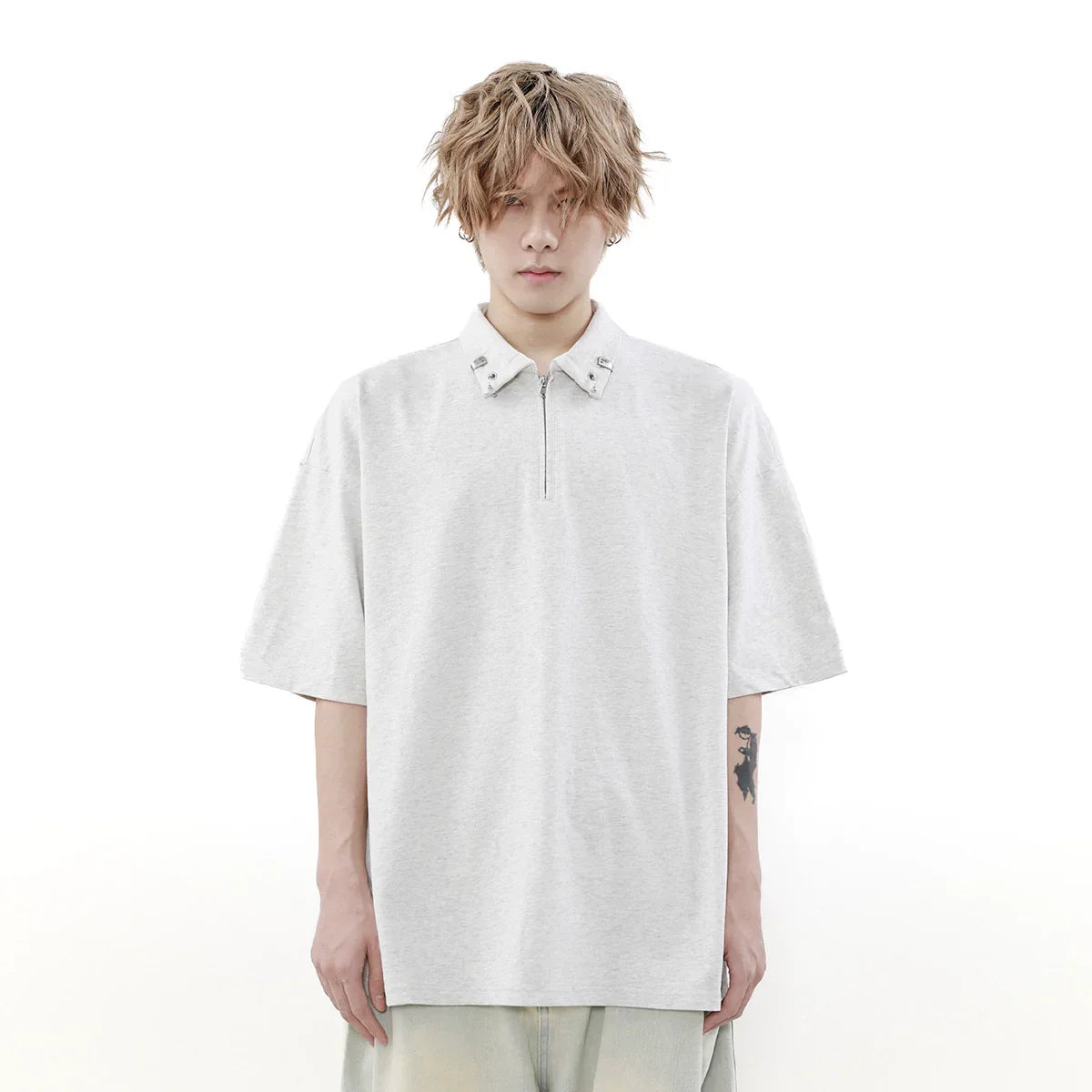 Half Zipper Metal Buckle Short Sleeve Polo Shirt