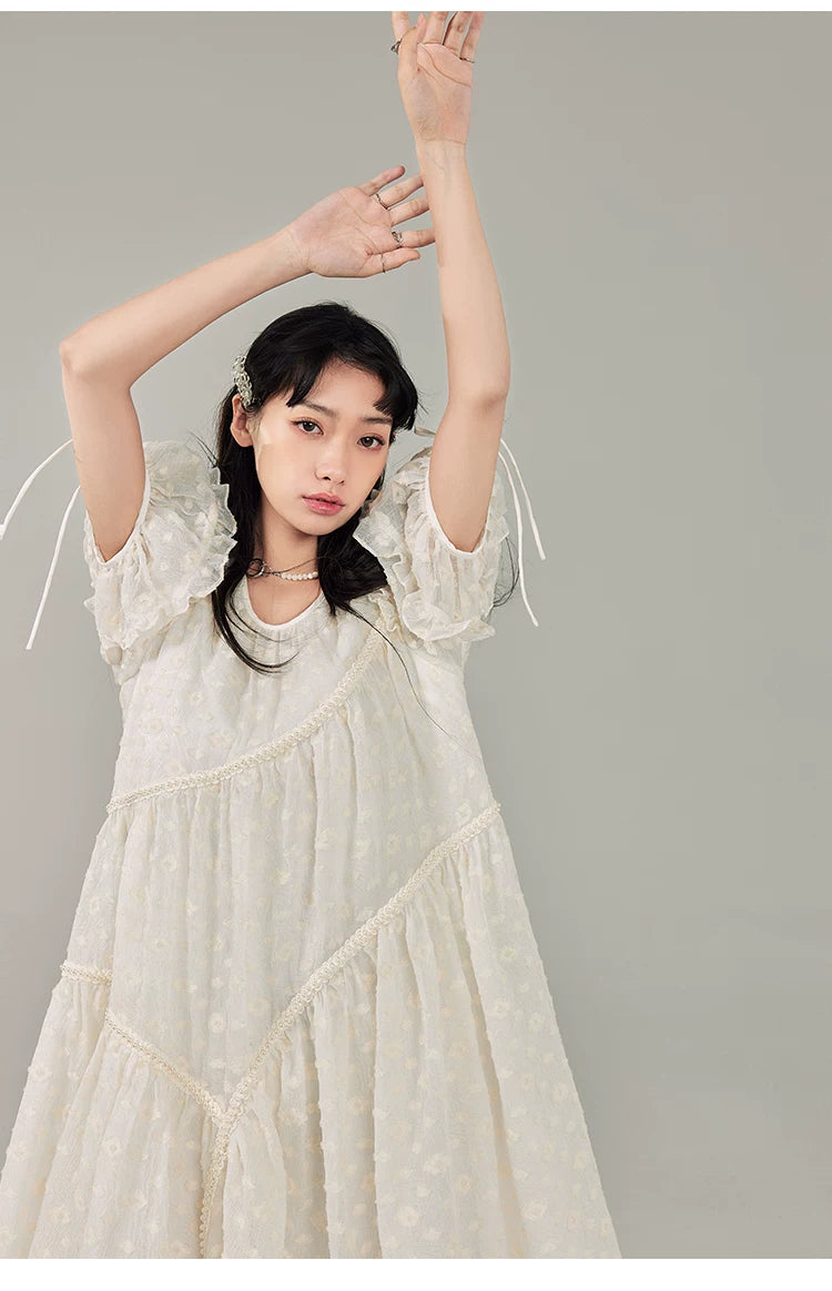 Jacquard Design Short Sleeve Dress With Irregular Hem Length