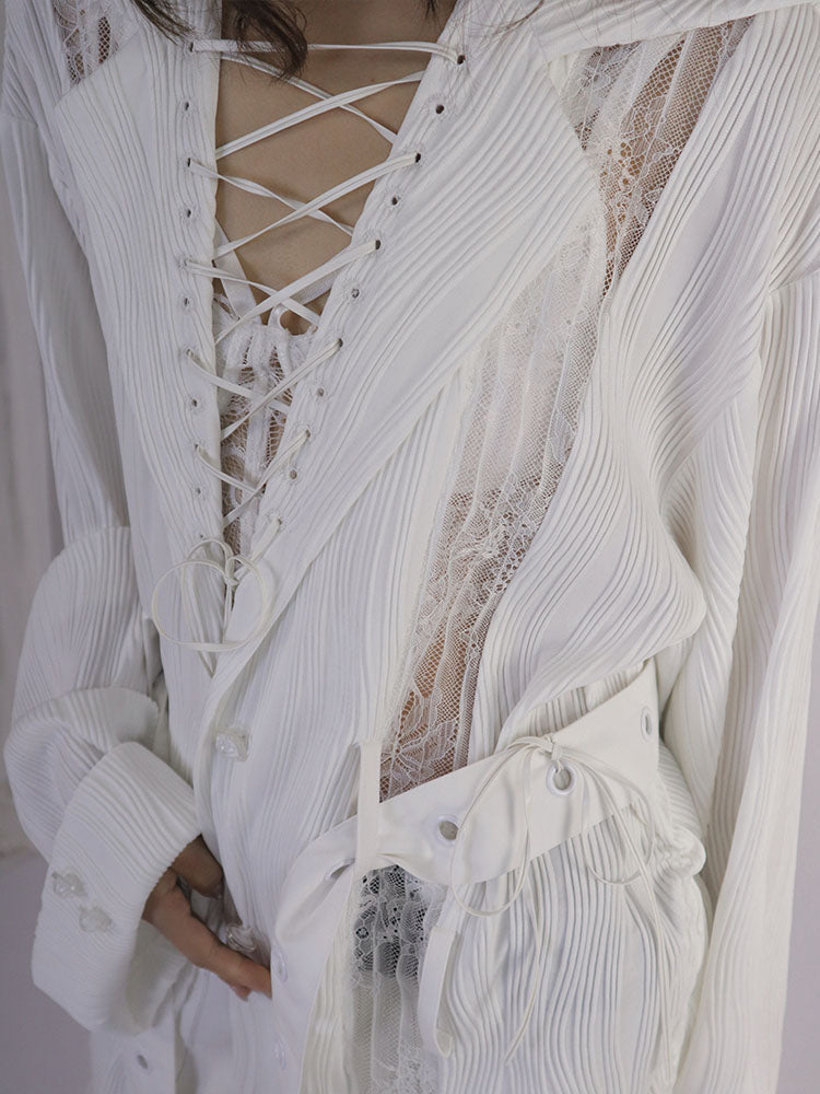 Ruched Textured Strap Detail Long Sleeve Shirt
