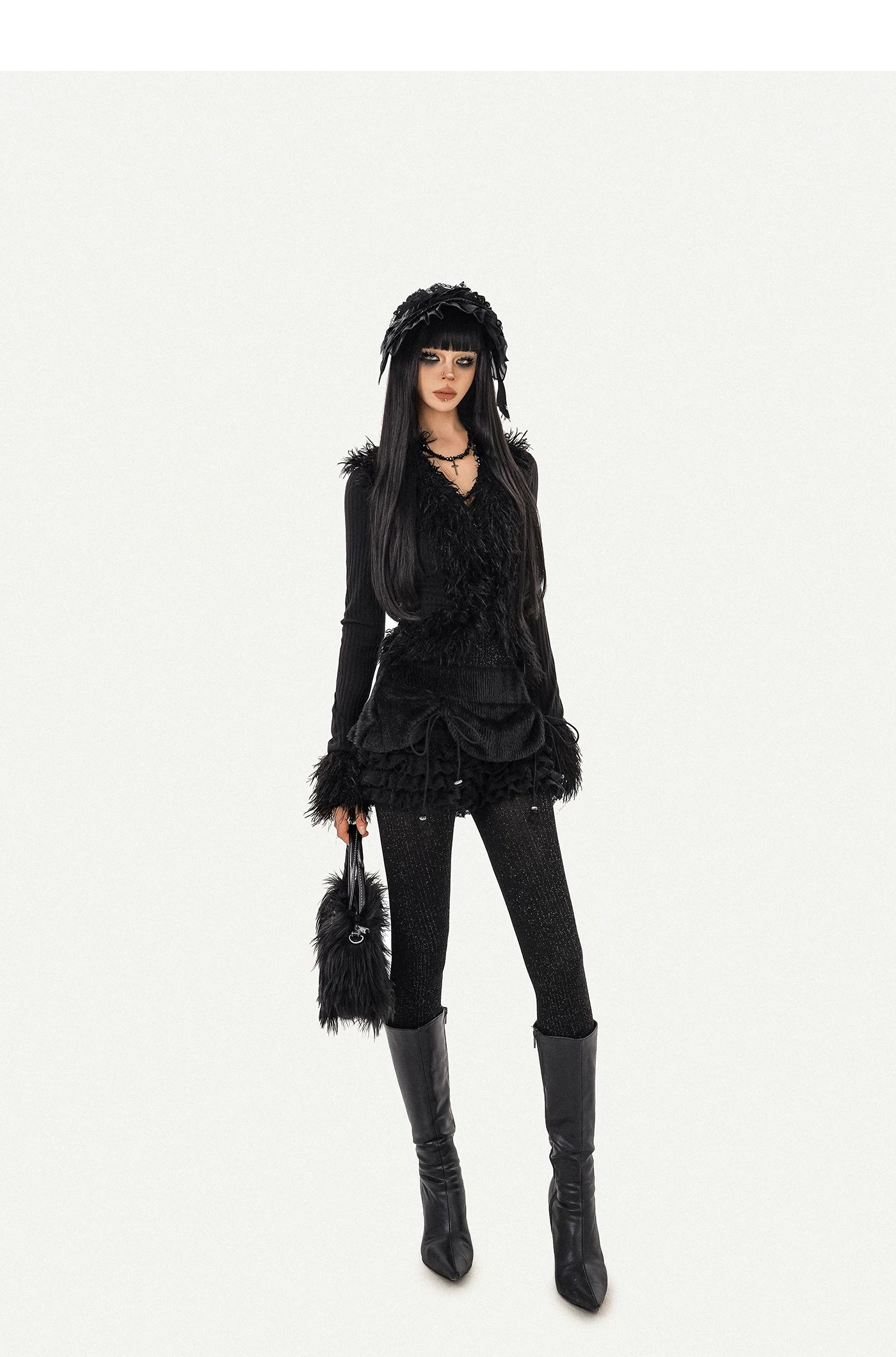 Fur Decor V-Neck Tie Knit Cardigan