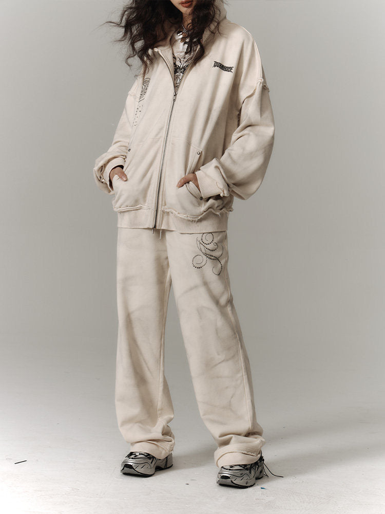 Washed Damage Oversize Zipper Hoodie & Wide Leg Pants Setup