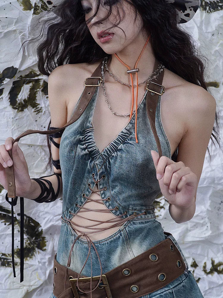 Denim Hollow-Out Tie-Strap Short Pleats Dress