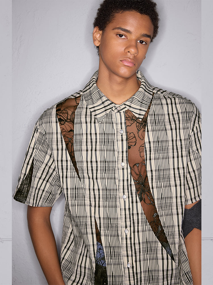 Butterfly Lace Plaid Deconstructed Short Sleeve Shirt