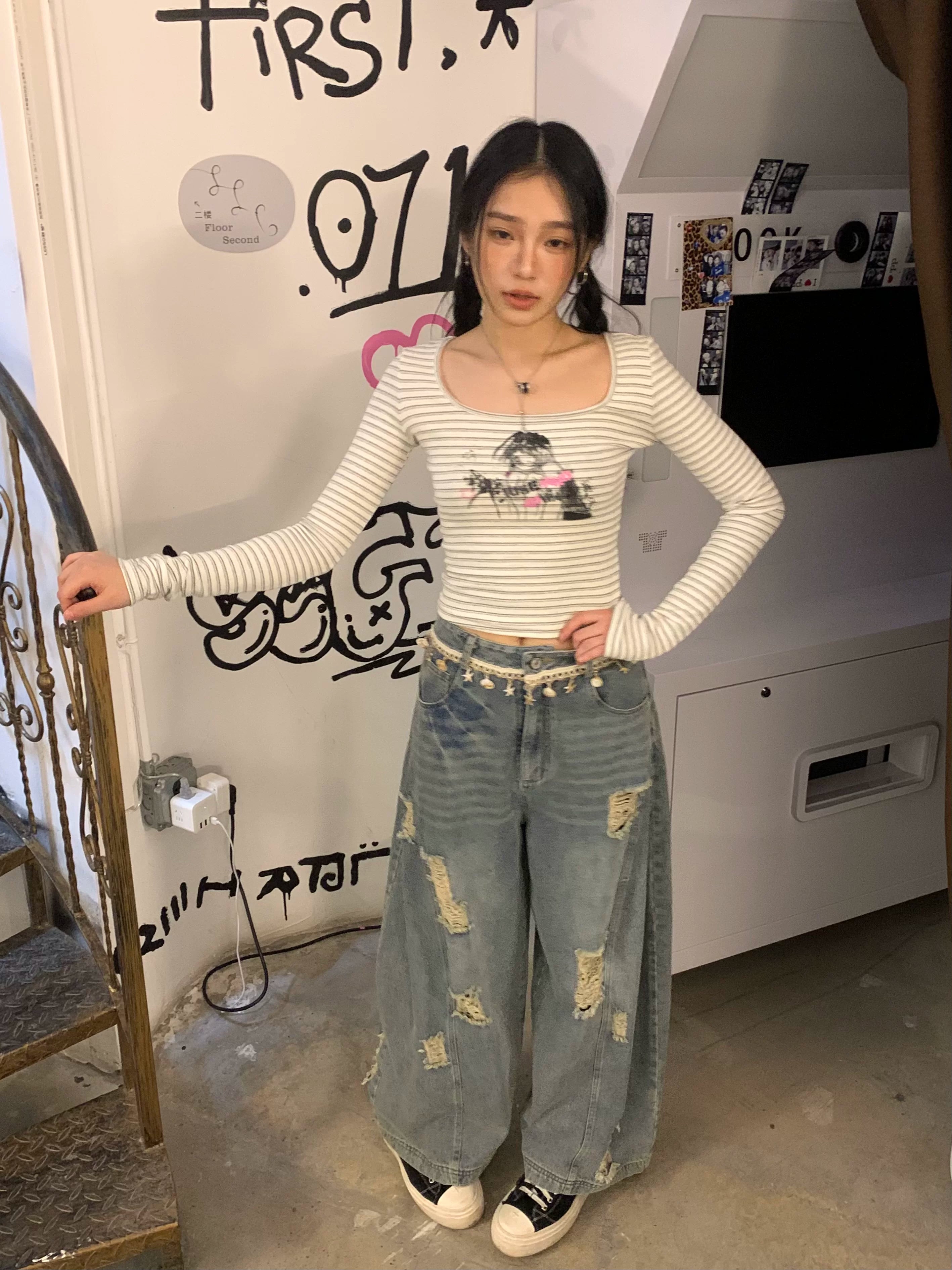 Washed Damage Wide Leg Shell Decoration Denim Jeans
