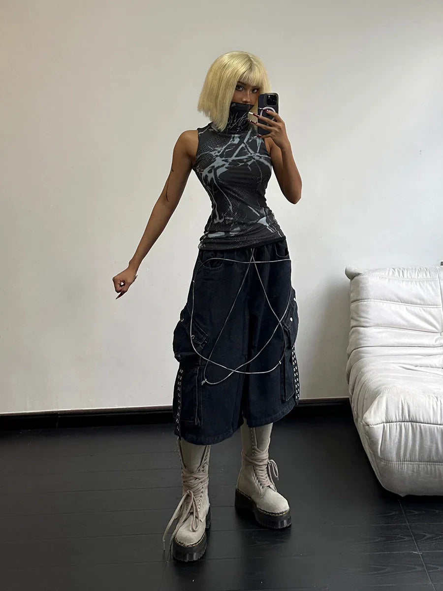 Star Design Washed Half Denim Jeans