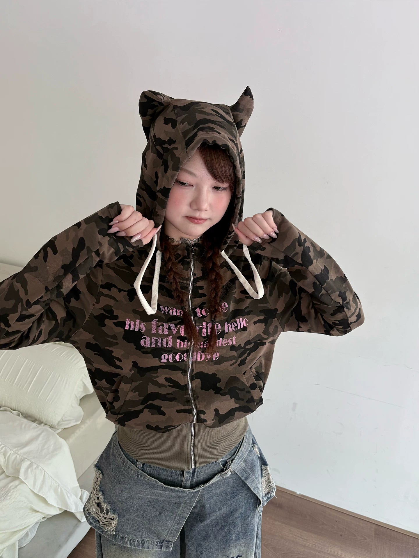 Devil Horn Hooded Print Zipper Hoodie