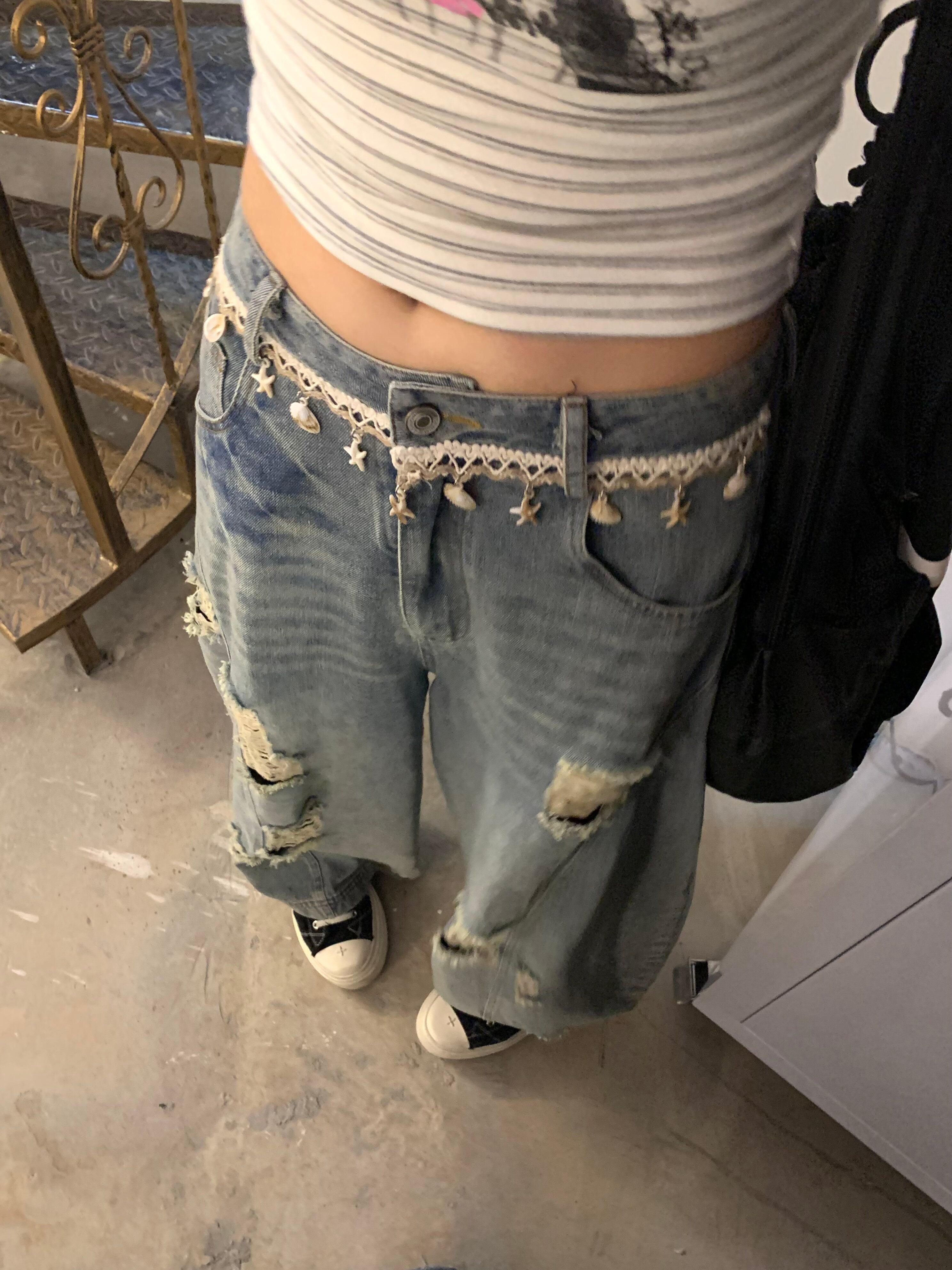Washed Damage Wide Leg Shell Decoration Denim Jeans