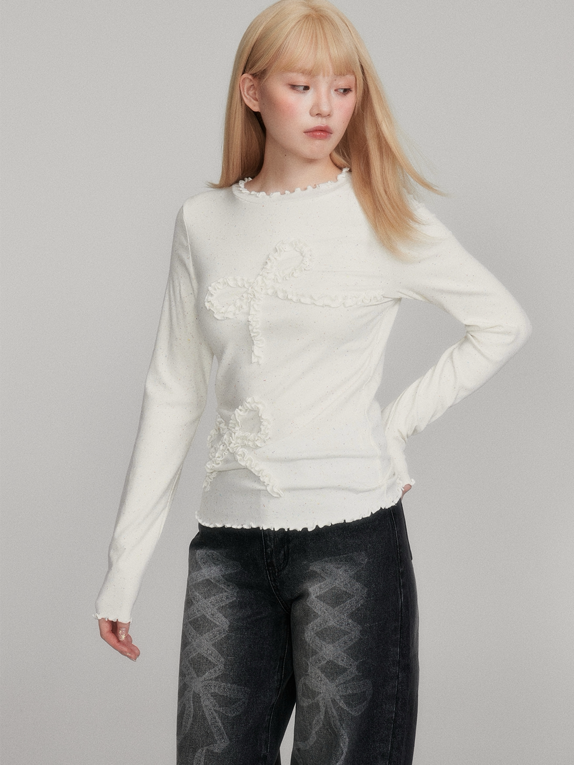 Dot Pattern Bow Lyocell Thermal Long Sleeve T-Shirt
