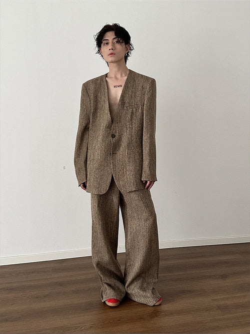 Conjunto de chaqueta entallada con hombreras y pantalones de pernera ancha. - beige / M / chaqueta