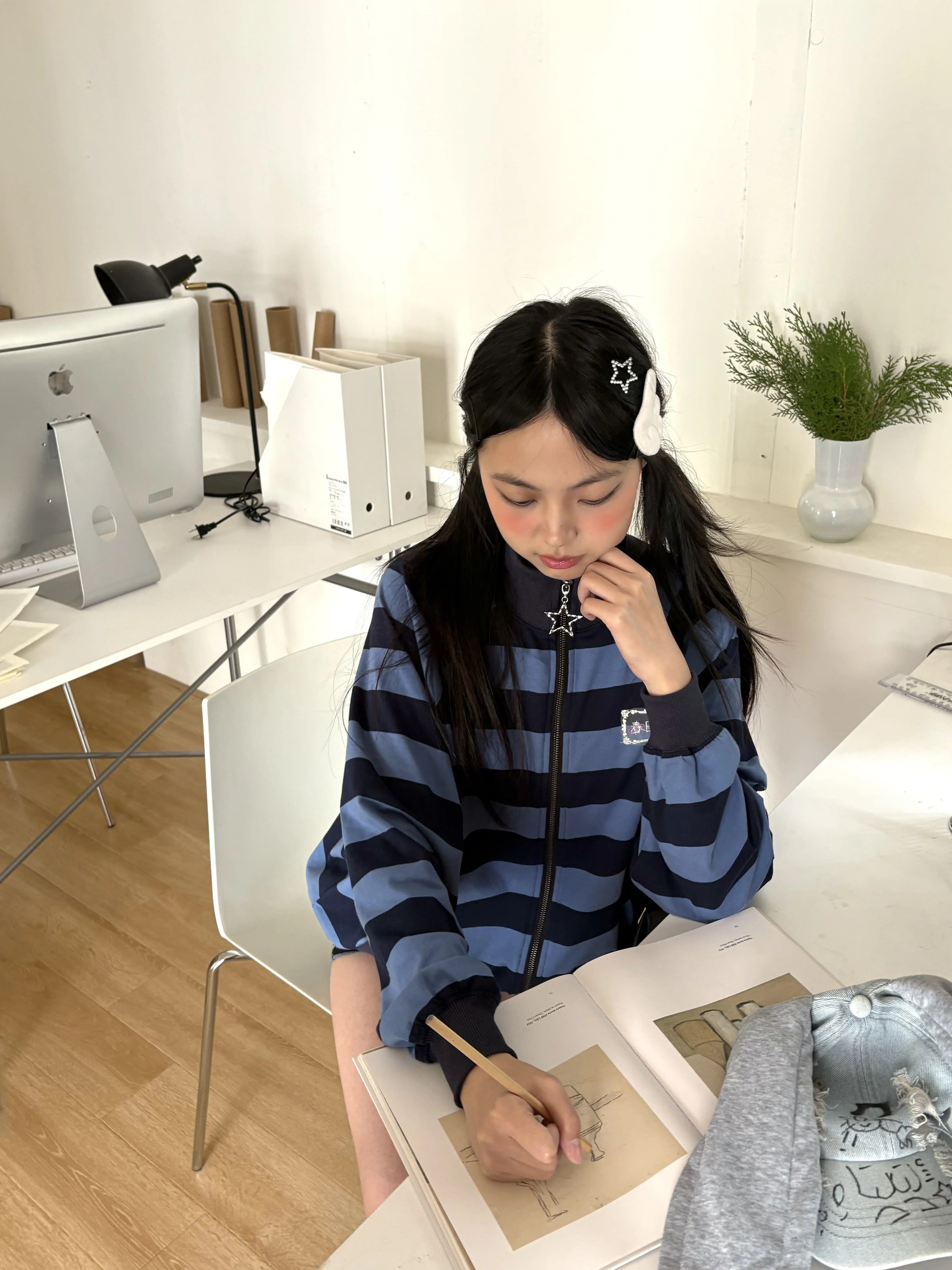 Striped Oversize Stand Collar Zipper Jacket