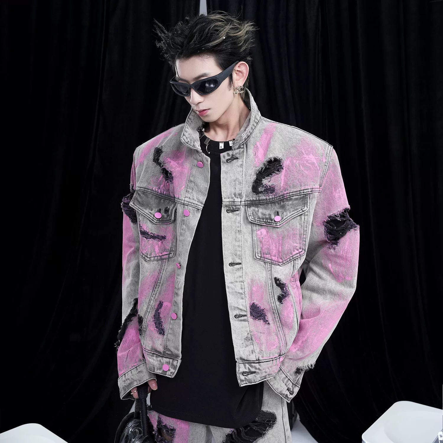 Washed Damage Denim Jacket  & Washed Graffiti Wide-Leg Denim Jeans Setup