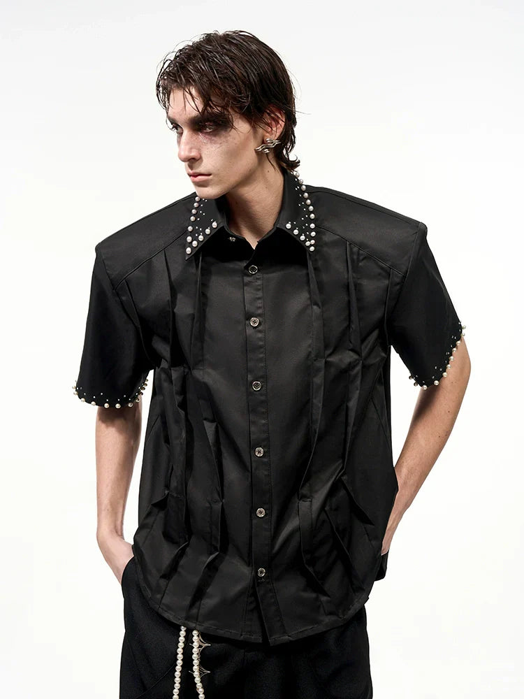 Rhinestone Pearl Pleats Short Sleeve Shirt