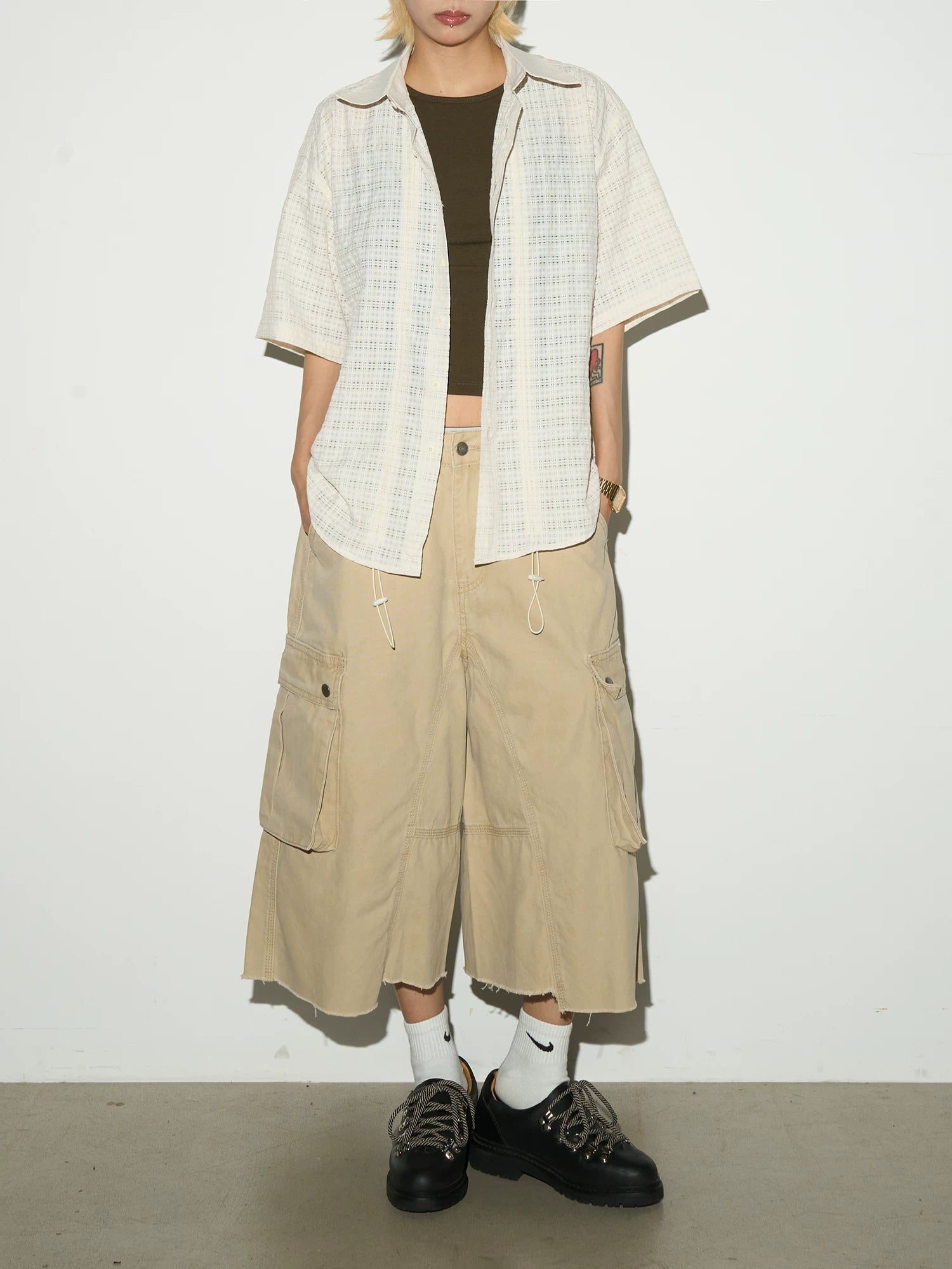 Ruffle Sheer Check Drawstring Hollow Short Sleeve Shirt