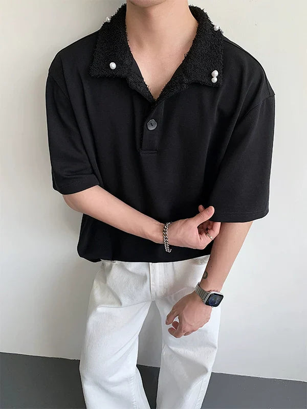 Fake Fur Collar Pearl PatchShort Sleeve Polo Shirt