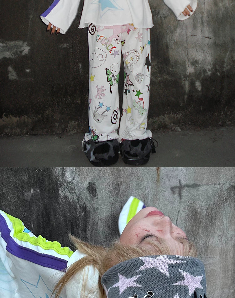 Star Print Rabbit Ear Knit Hat
