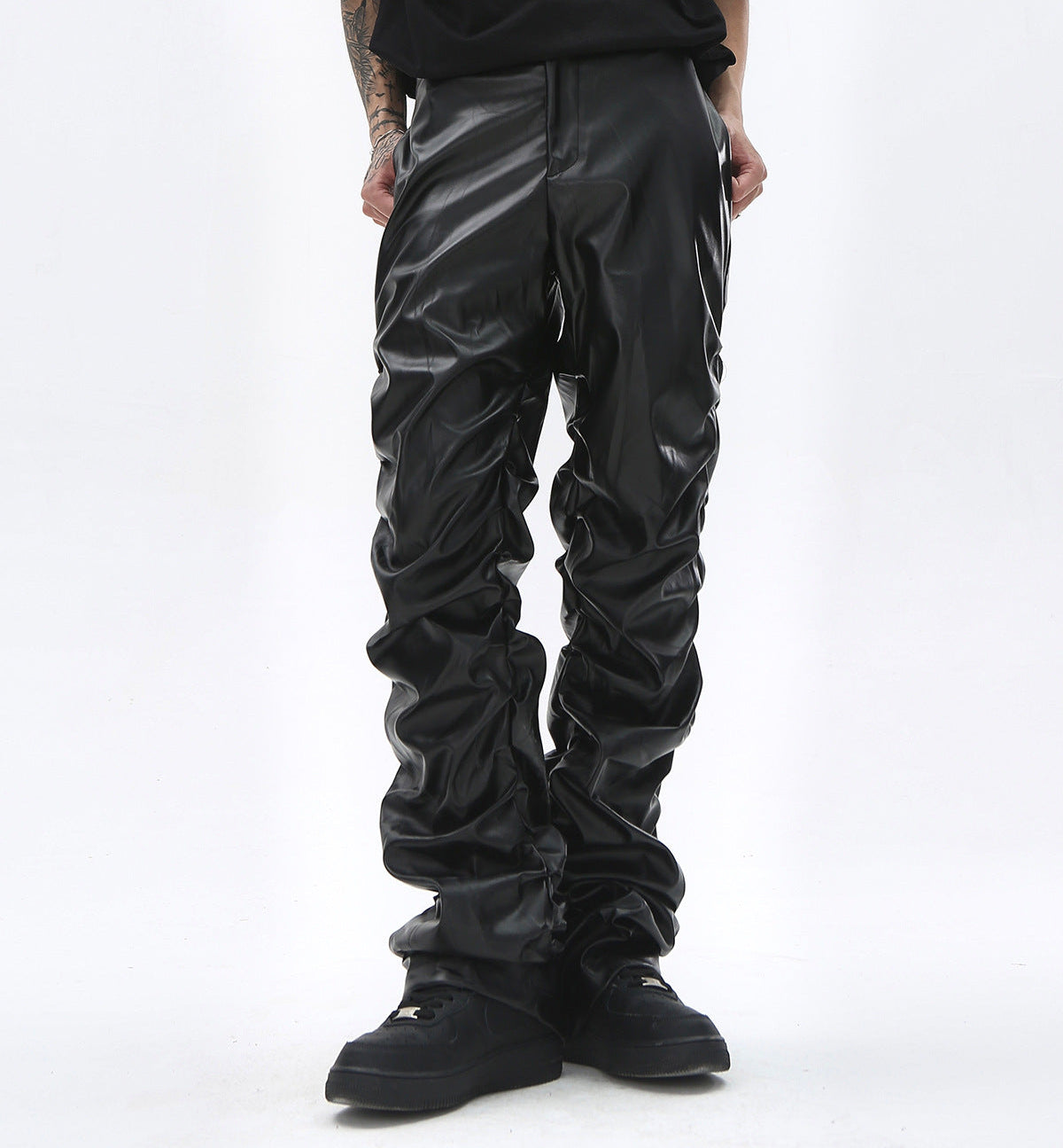 PU Leather Pleats Straight Pants