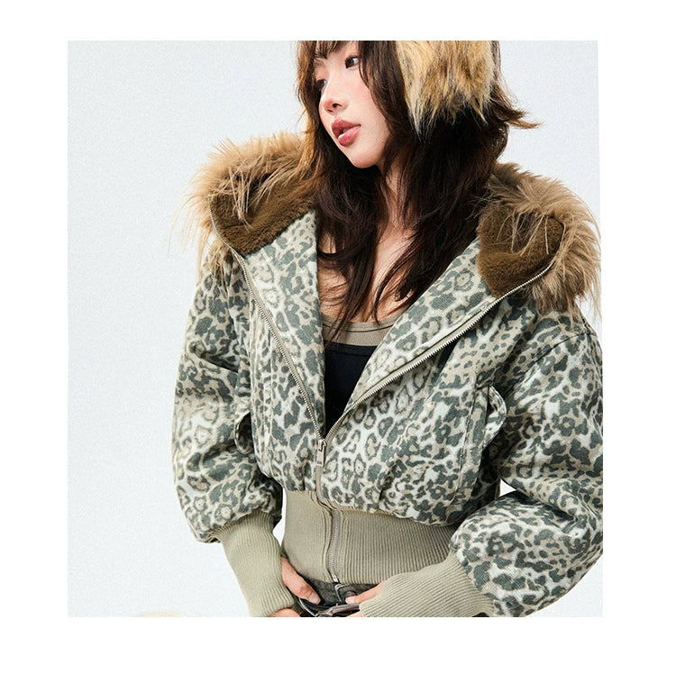 Leopard Print Fur-Trim Hood Puffer Jacket