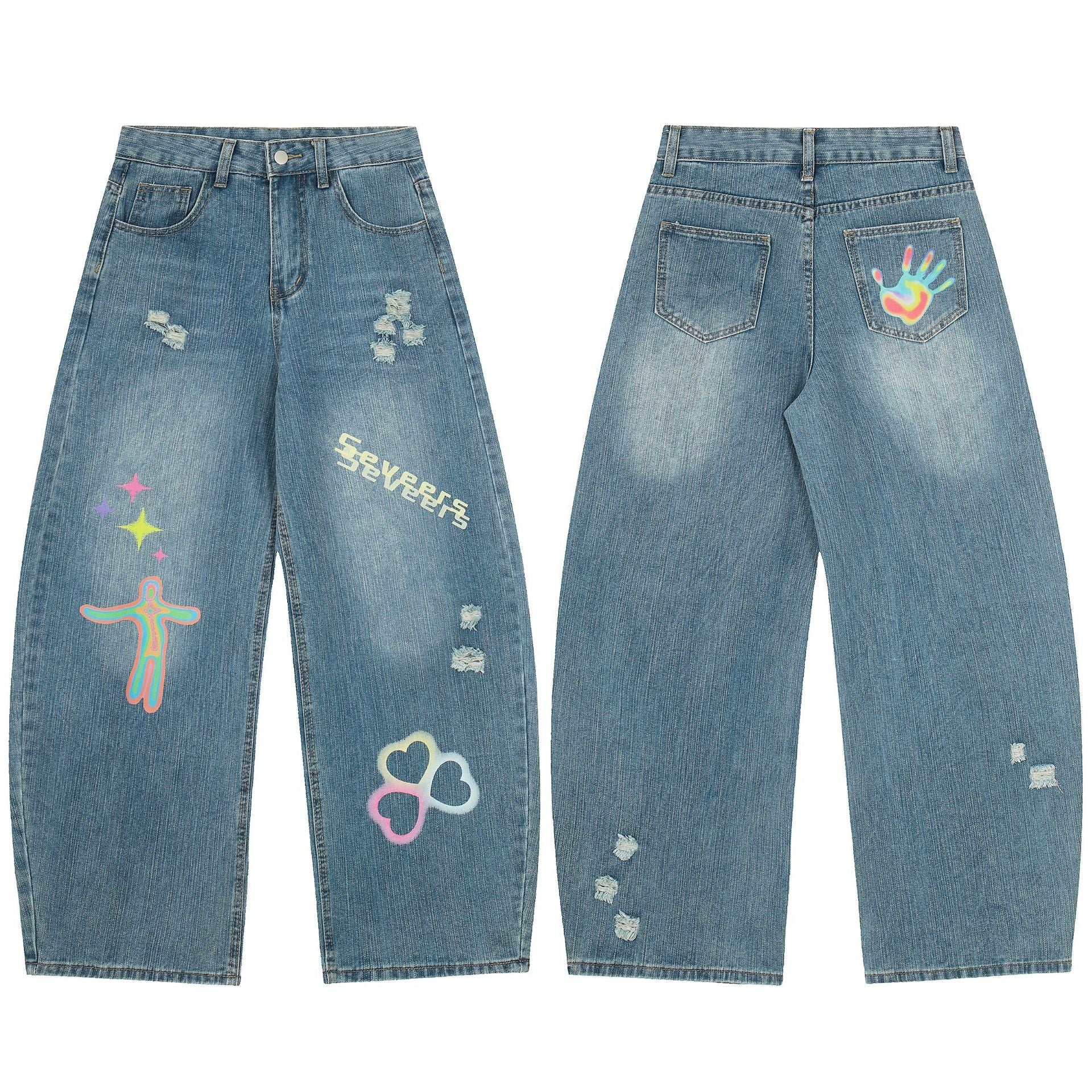 Star Heart Print Curved Wide Leg Denim Jeans