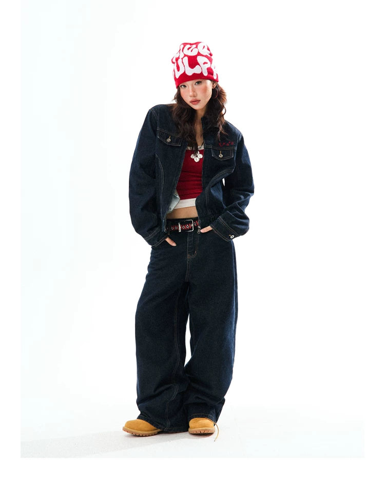 Embroidered Cropped Denim Jacket & Wide-Leg Denim Jeans Setup
