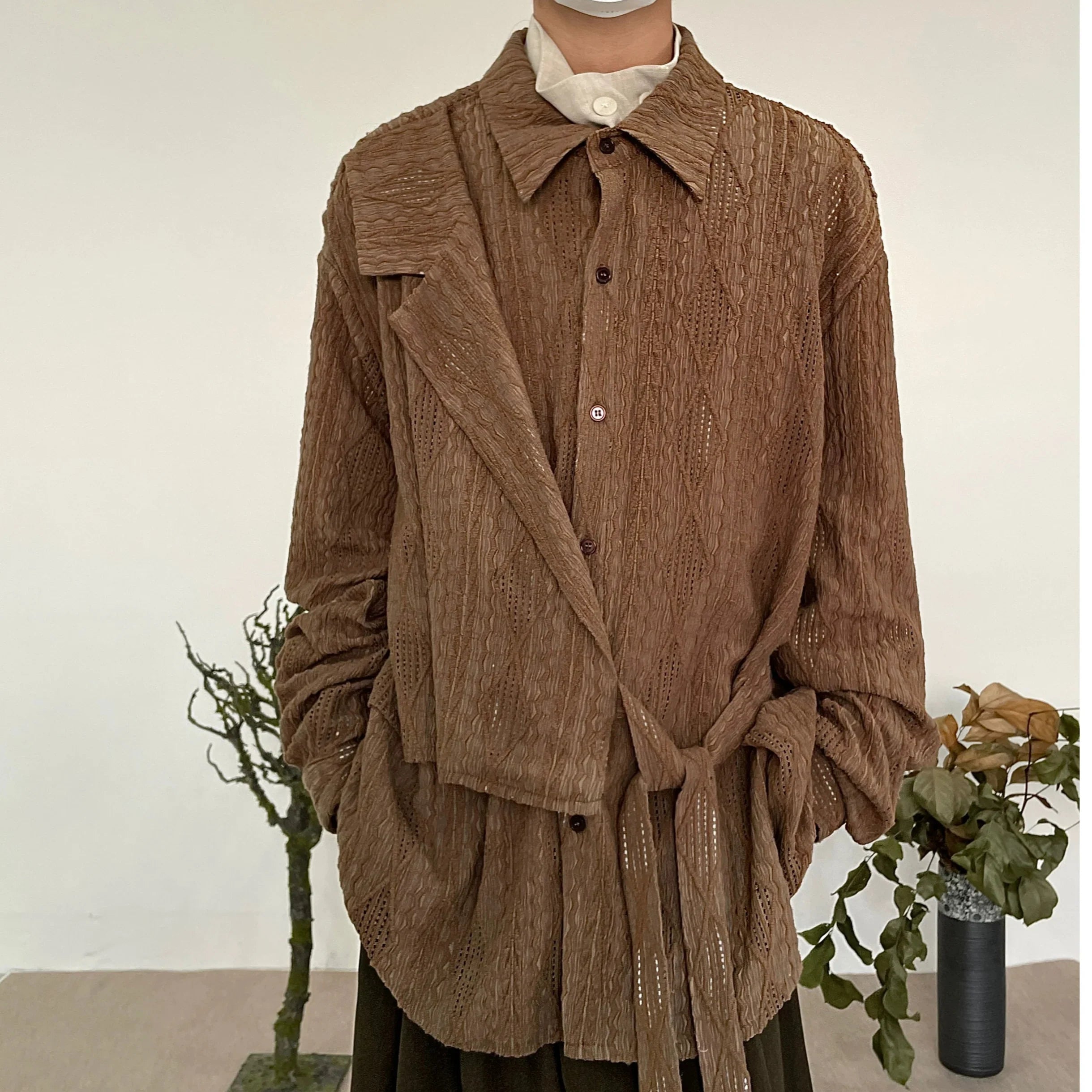 Jacquard Hollow-Out Patchwork Long Sleeve Shirt