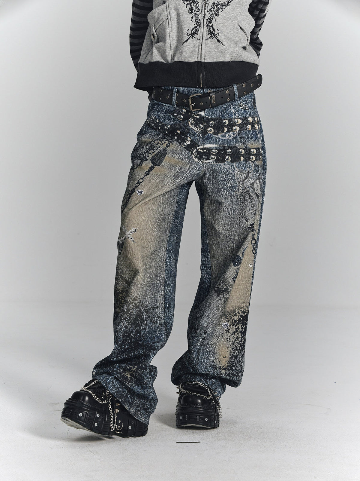Chain Design Wide Leg Straight Denim Jeans