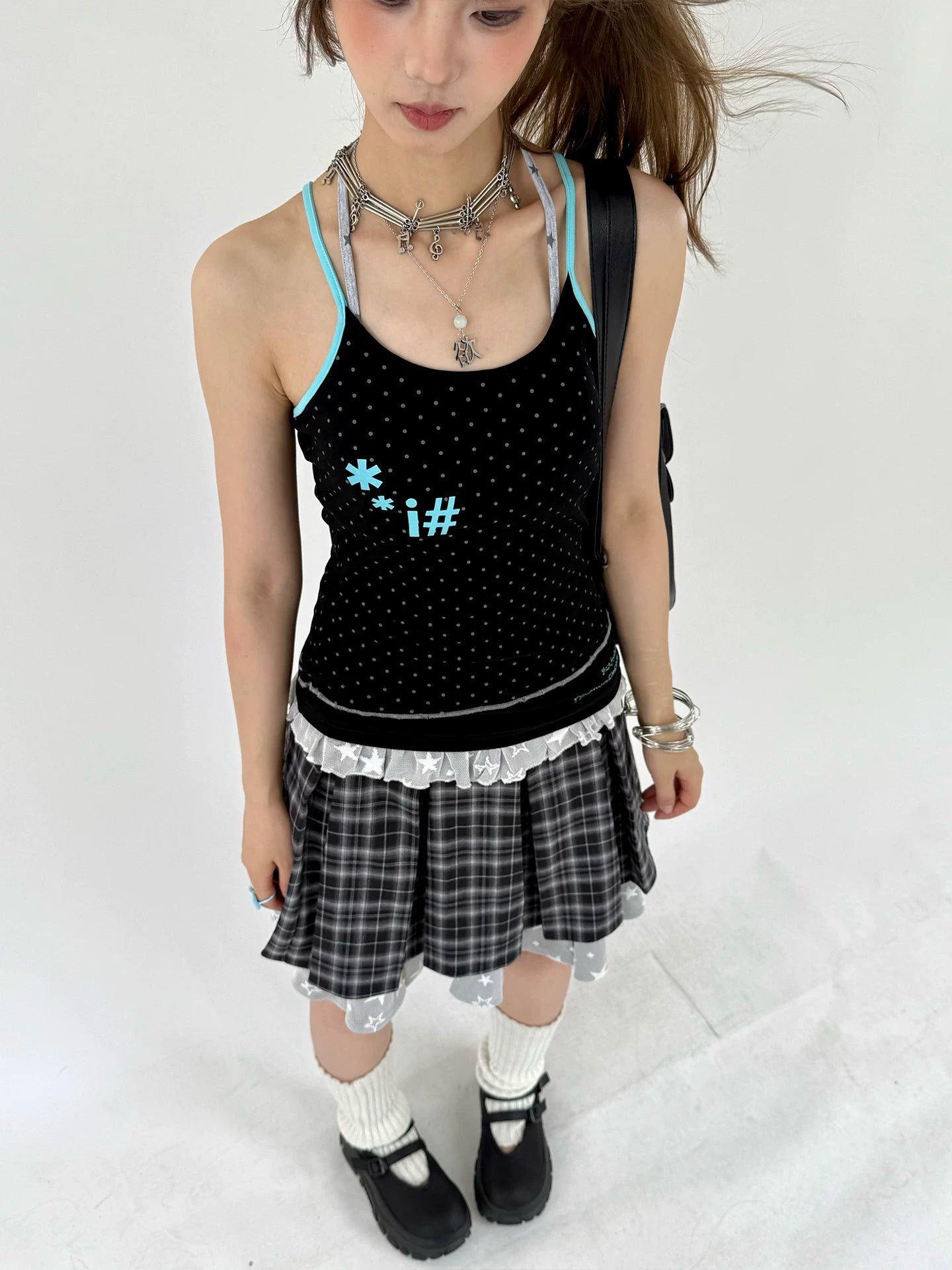 Plaid Lace Layered Star A-Line Short Skirt