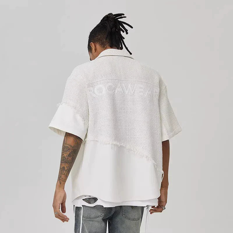 Tweed Style Patchwork Oversize Short Sleeve Shirt