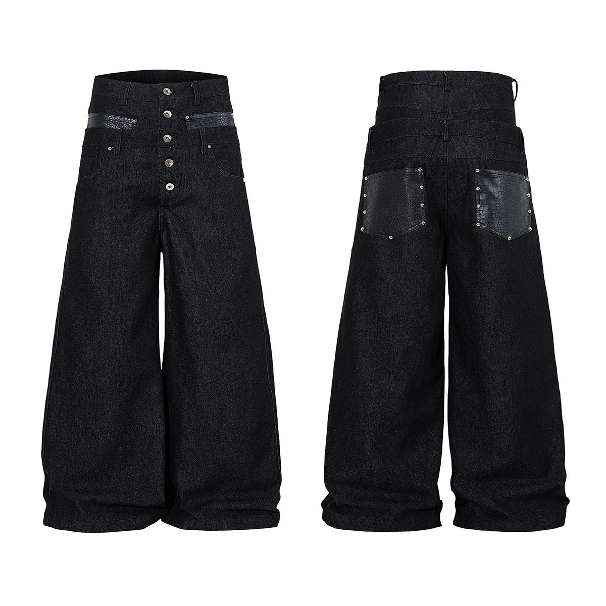 Leather Patchwork Denim Jacket & Leather Patchwork Wide Leg Denim Jeans Setup