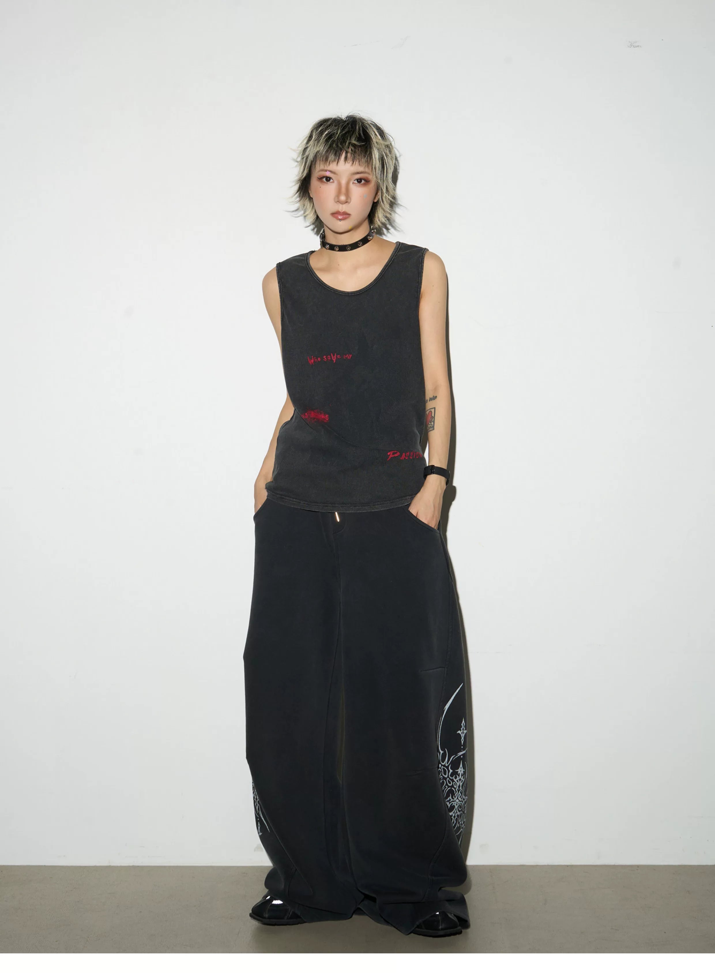 Graphic Print Oversize Zipper Hoodie & Wide Leg Sweatpants Setup