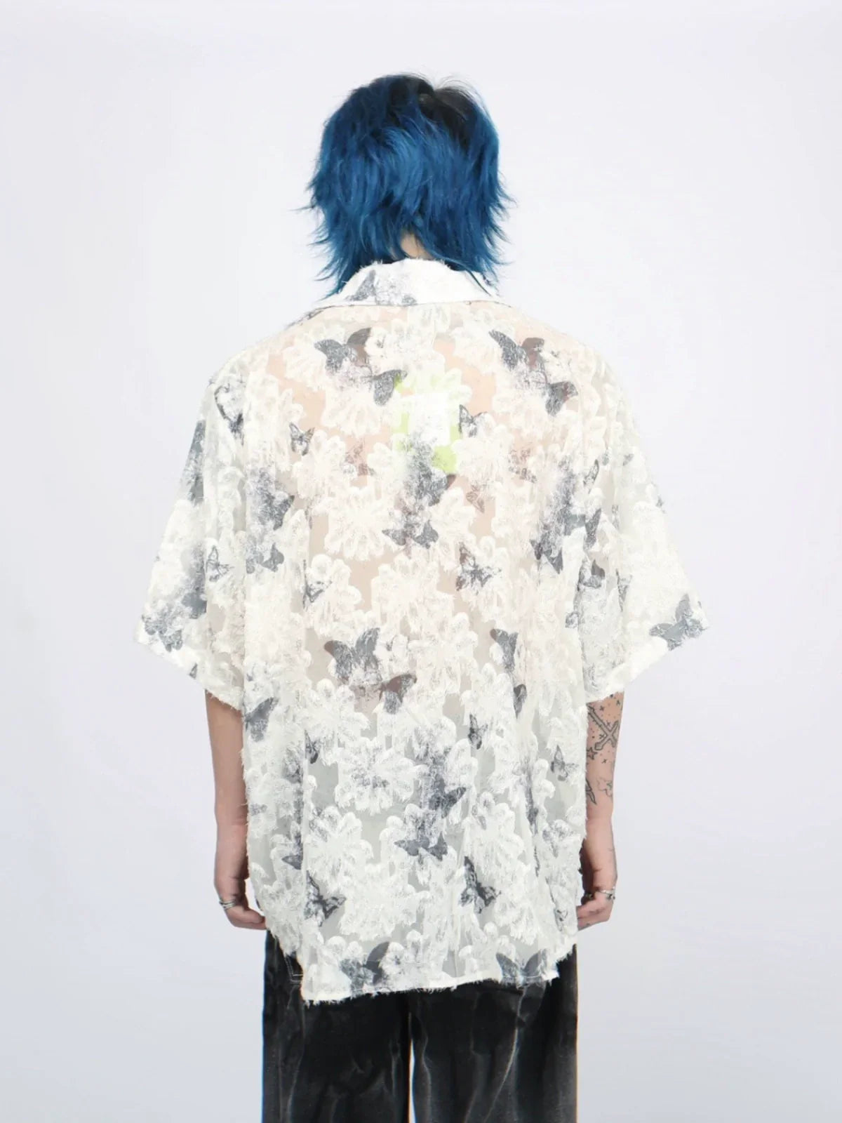 Butterfly Full Print Oversize Sheer Short Sleeve Shirt
