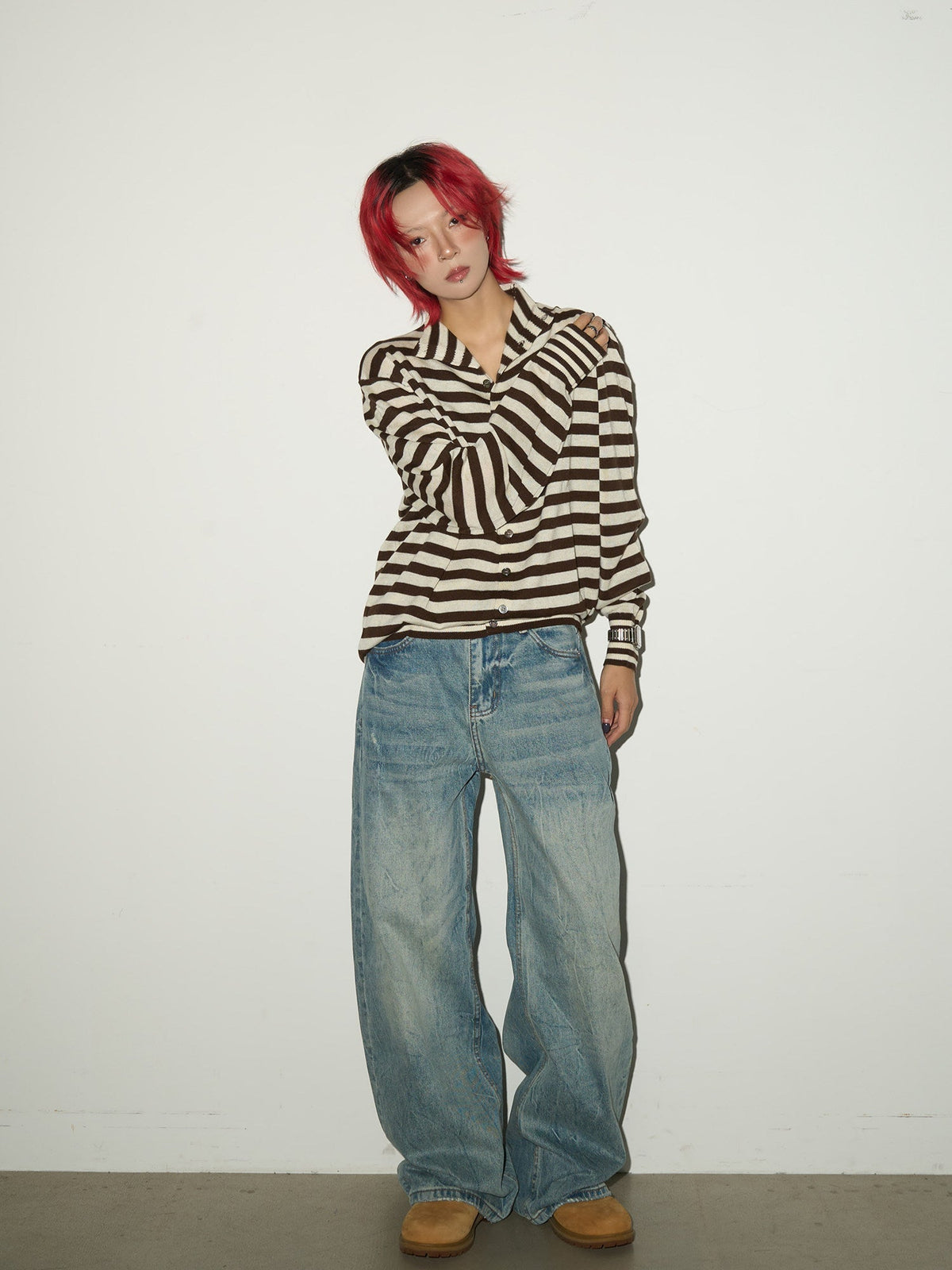Contrast Stripe Wool Knit High-Neck Cardigan