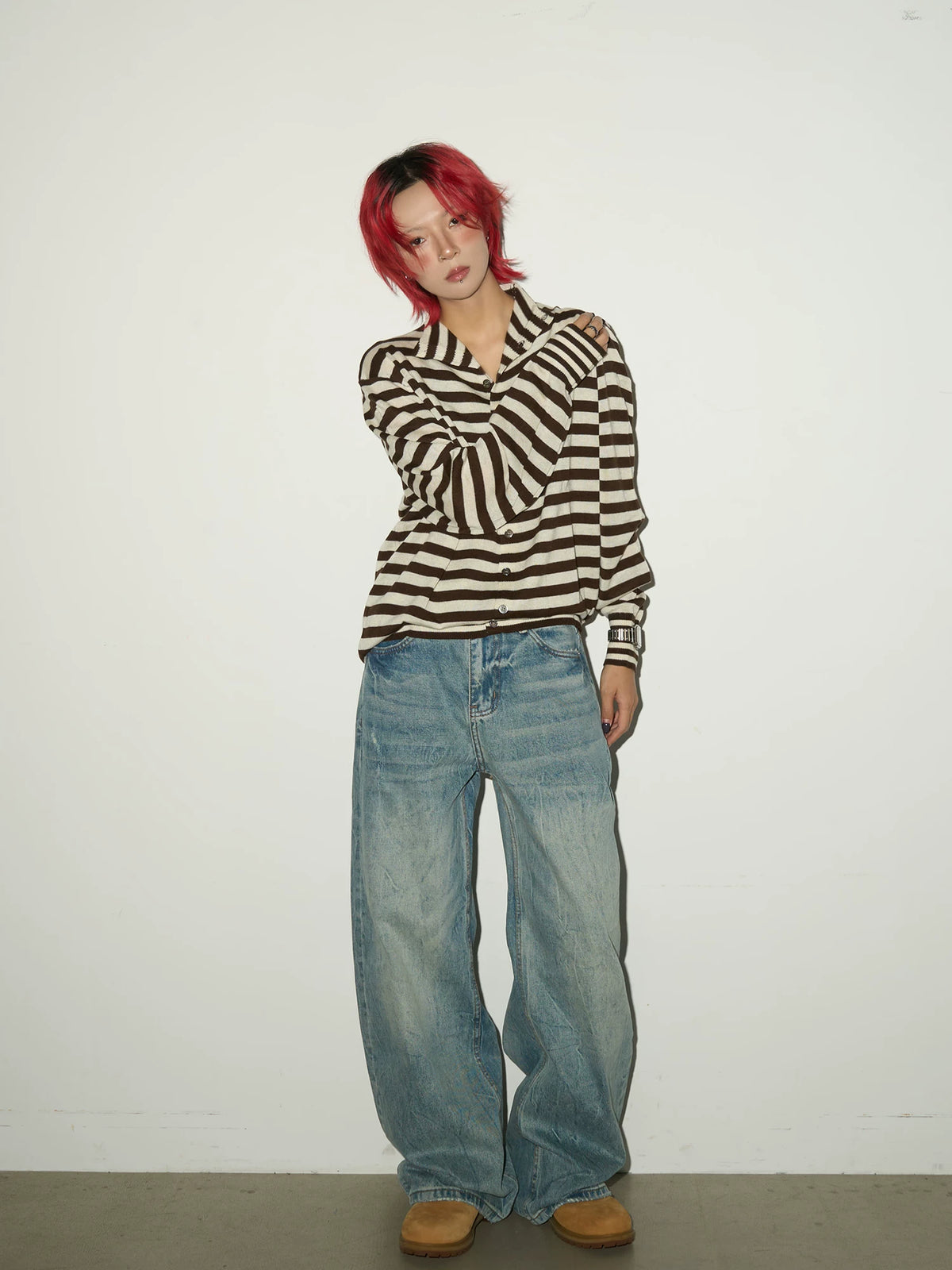 Contrast Stripe Wool Knit High-Neck Cardigan