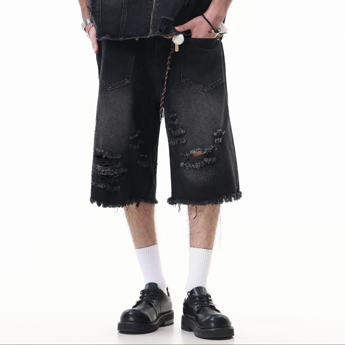 Washed Damage Wide Leg Denim Short Pants