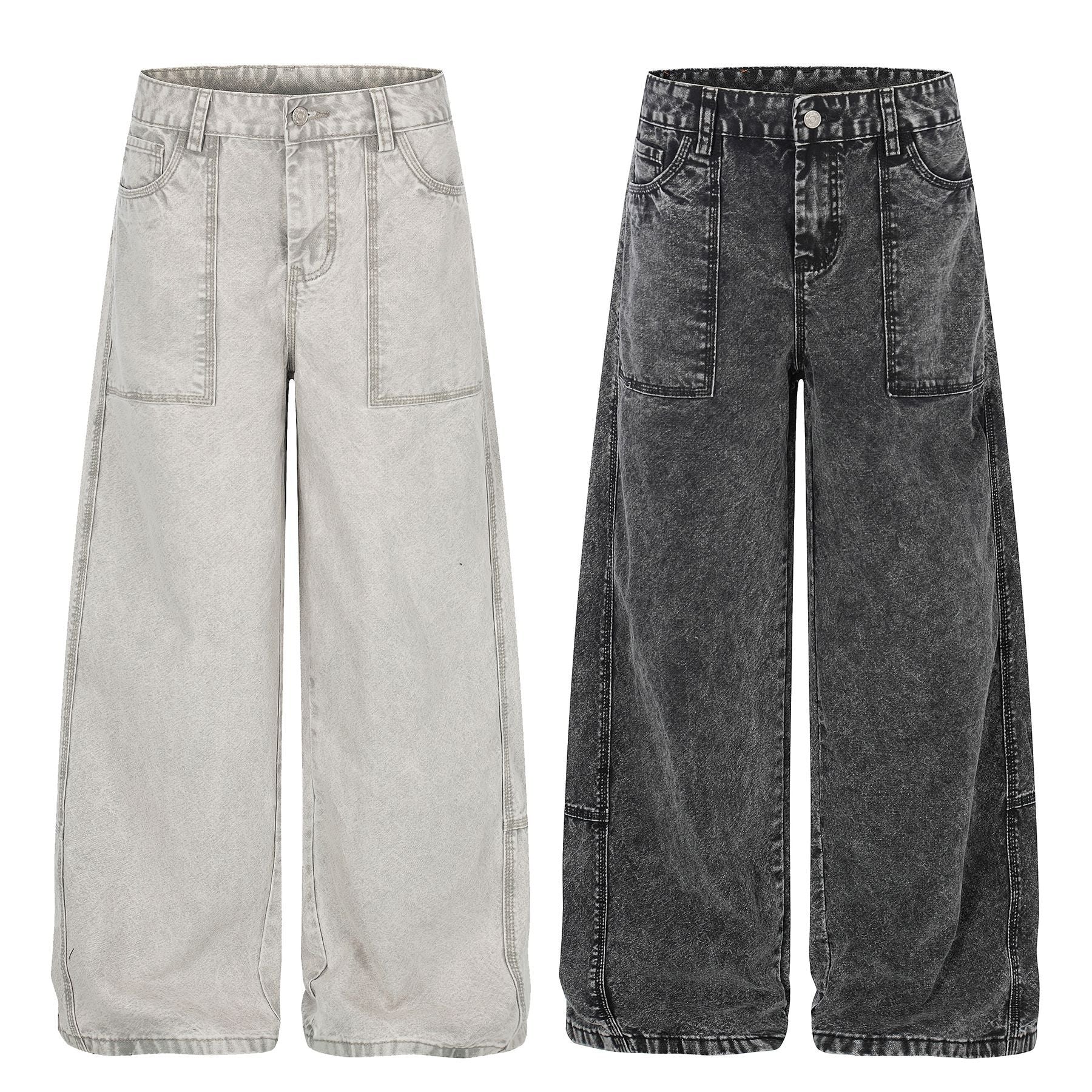 Patch Pocket Washed Wide Leg Denim Jeans