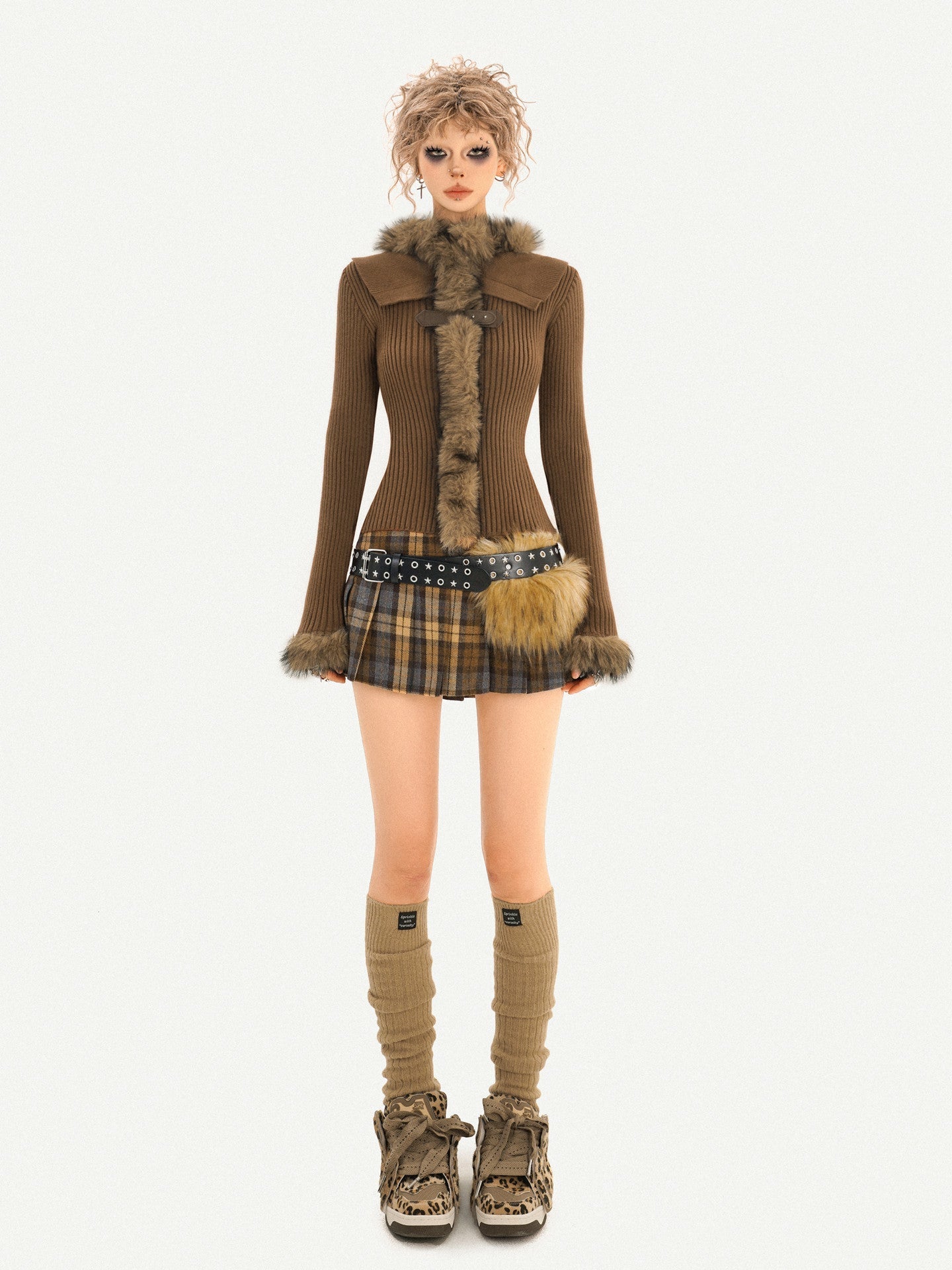 Fur Collar Fitted Knit Sweater