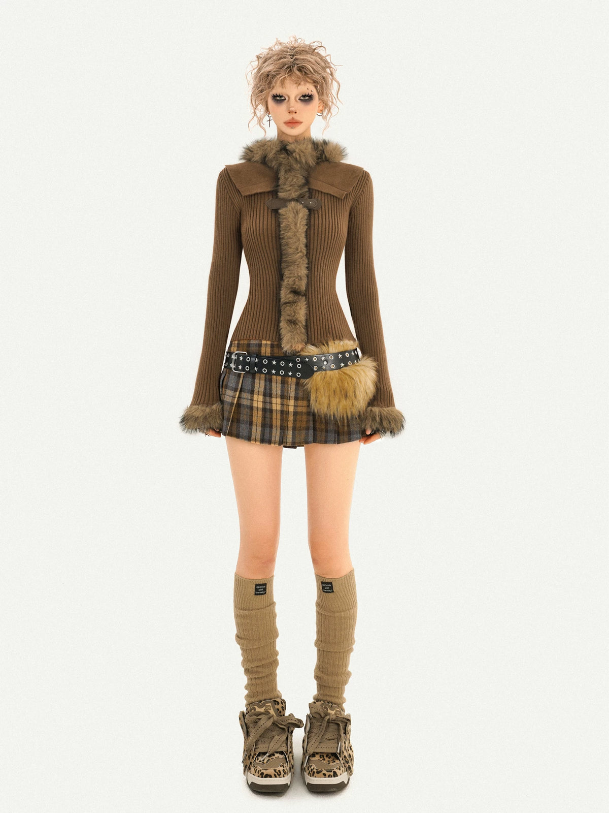 Fur Collar Fitted Knit Sweater